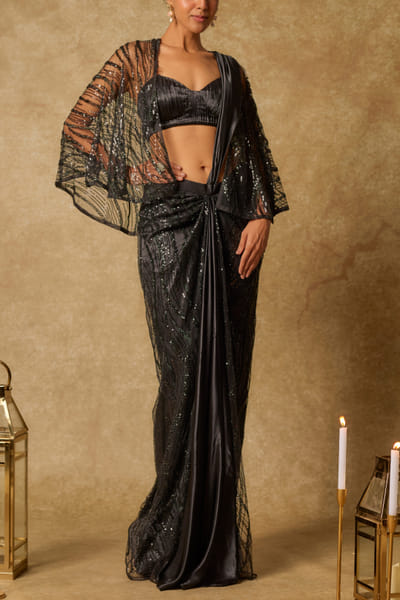 Black embroidered cape sari set