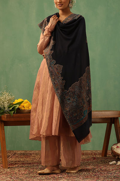 Black embroidered cashmere wool stole