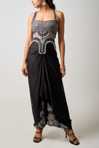 Black embroidered corset and skirt