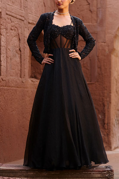 Black embroidered corset gown set