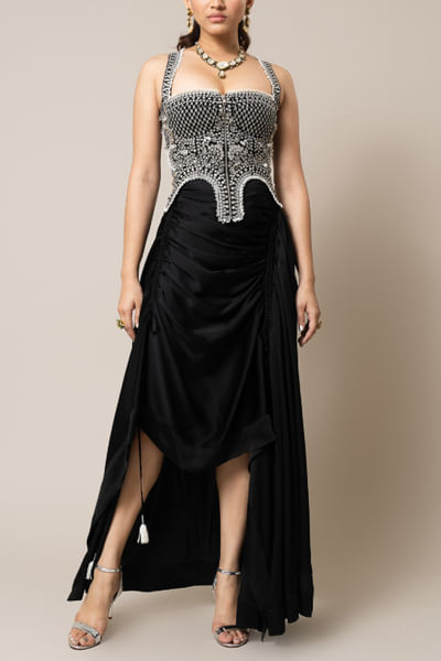Black embroidered corset skirt set