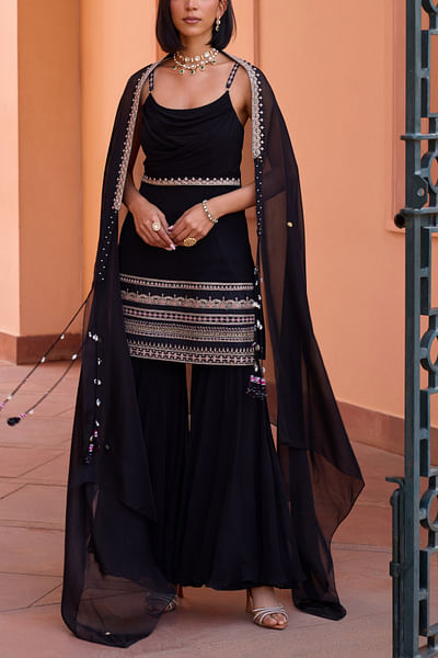 Black embroidered draped kurta and sharara set