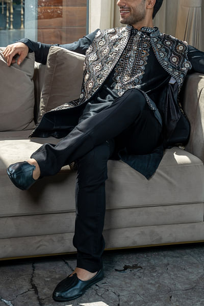 Black embroidered jacket and kurta set