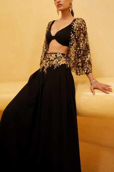 Black embroidered jacket lehenga set