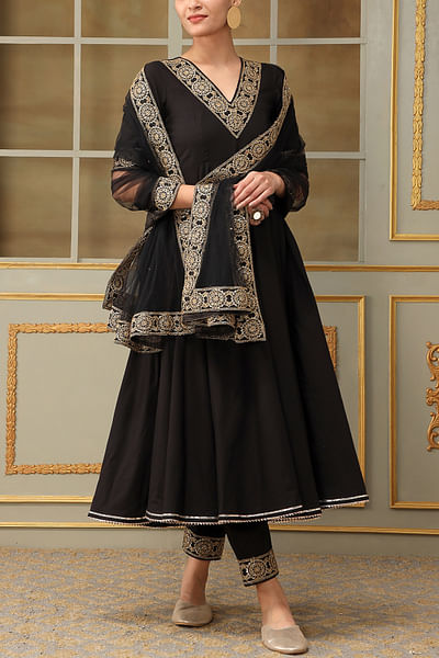 Black embroidered lace anarkali set