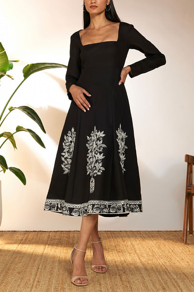 Black embroidered midi dress