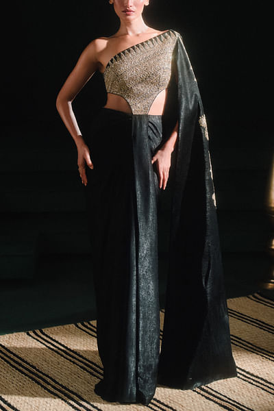 Black embroidered sari gown