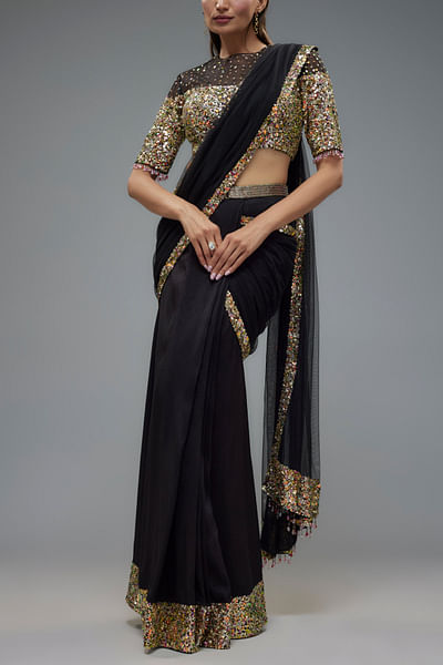 Black embroidered sari set