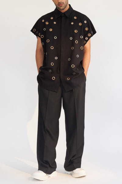 Black eyelets embellished shirt