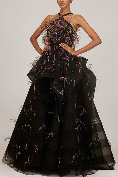 Black feather accented gown