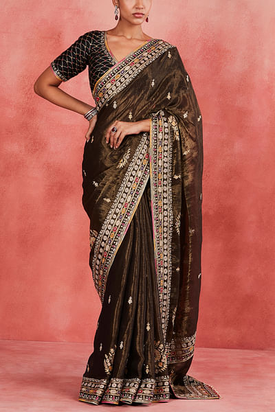 Black floral aari embroidered sari set