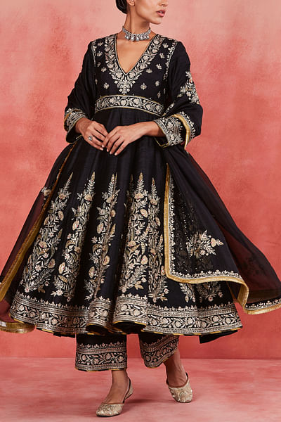 Black floral aari embroidery anarkali kurta set