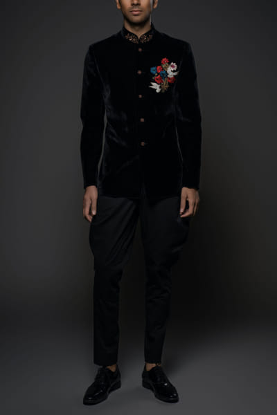 Black floral and bird embroidered bandhgala