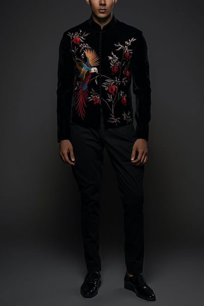 Black floral and bird embroidery jacket