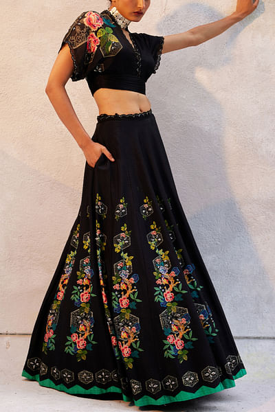 Black floral and bird printed lehenga set