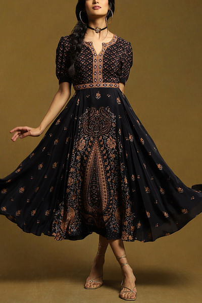 Black floral and paisley printed dress