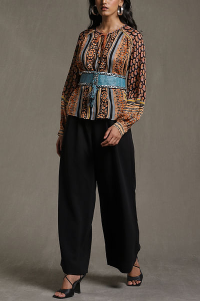 Black floral and stripe printed top