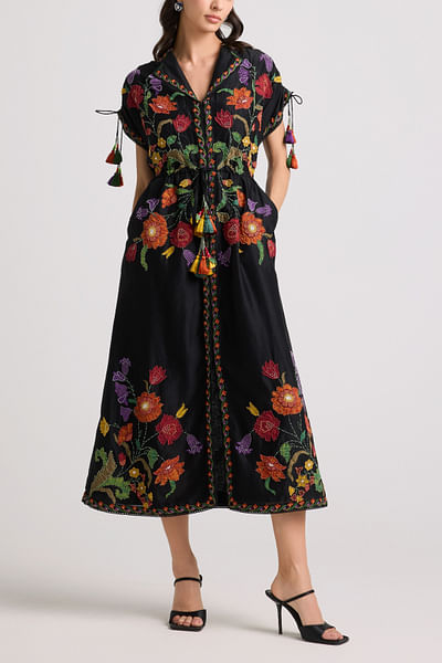 Black floral applique shirt dress