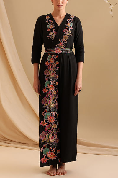 Black floral appliqued jumpsuit