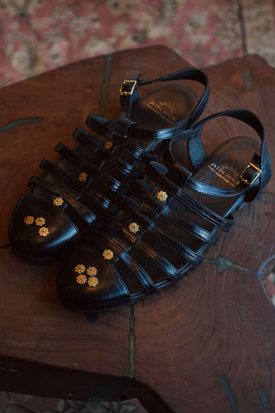 Black floral detail strappy sandals