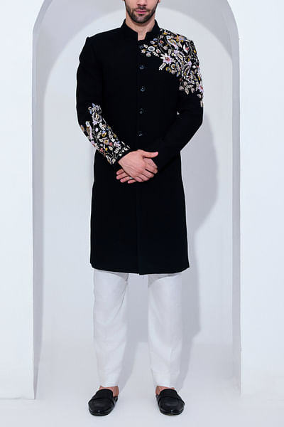 Black floral embroidered achkan set