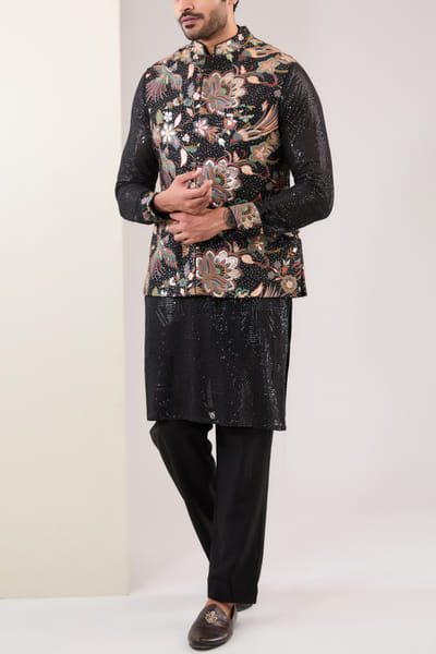 Black floral embroidered bundi and kurta set