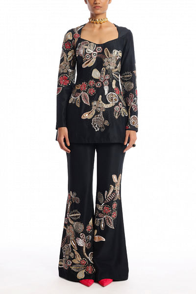Black floral embroidered co-ords