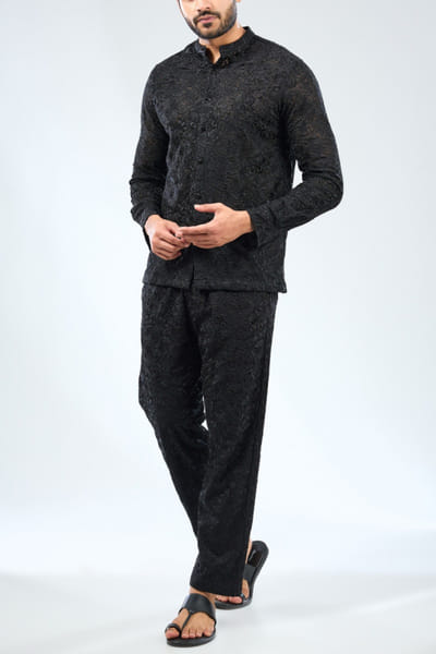 Black floral embroidered co-ords