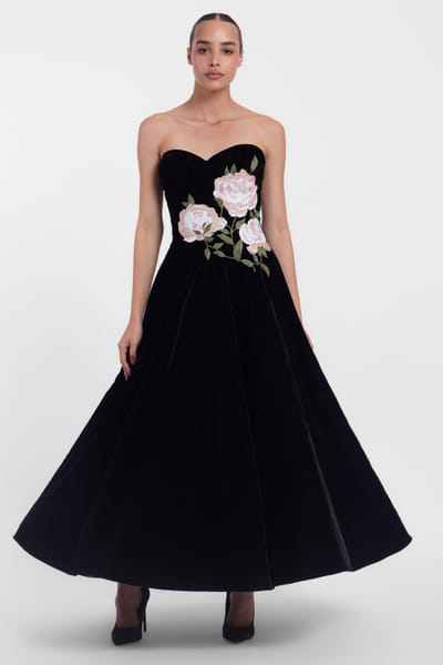 Black floral embroidered corseted dress