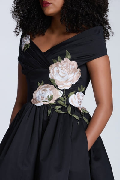 Gauri and Nainika Black floral embroidered corseted dress GAUFEB25D216425