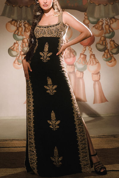 Black floral embroidered gown