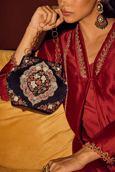 Black floral embroidered handbag