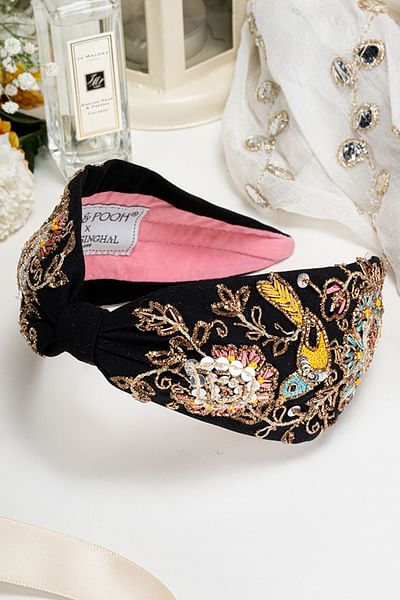 Black floral embroidered headband