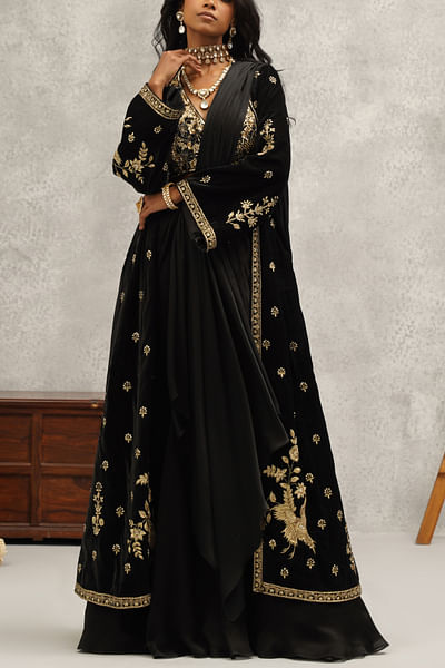 Black floral embroidered jacket and sari set
