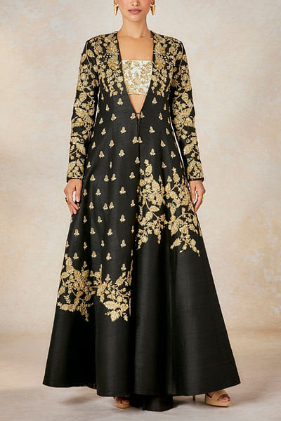 Black floral embroidered jacket and skirt set