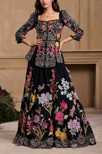Black floral embroidered lehenga