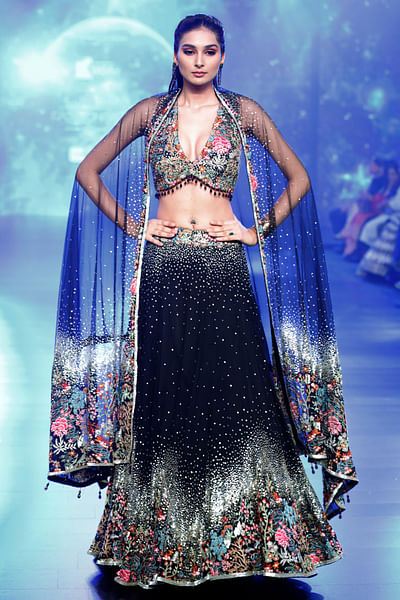 Black floral embroidered lehenga set