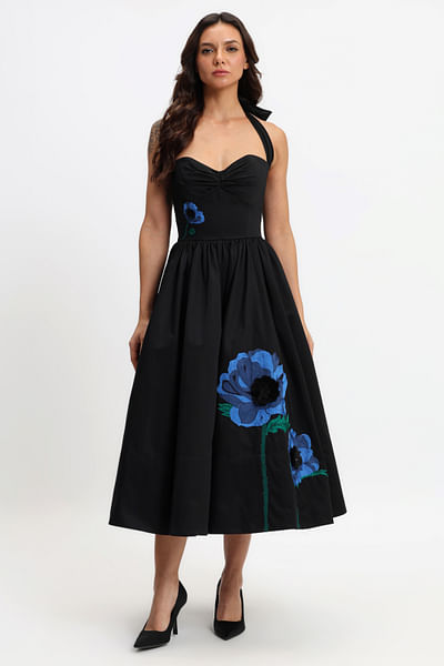 Black floral embroidered midi dress
