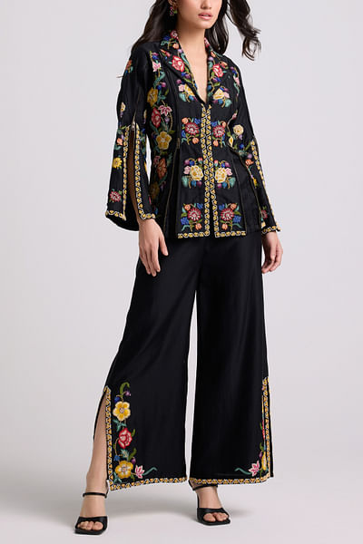 Black floral embroidered pants