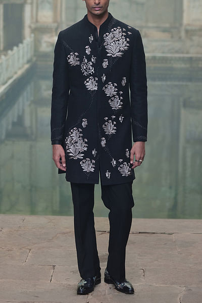 Black floral embroidered sherwani