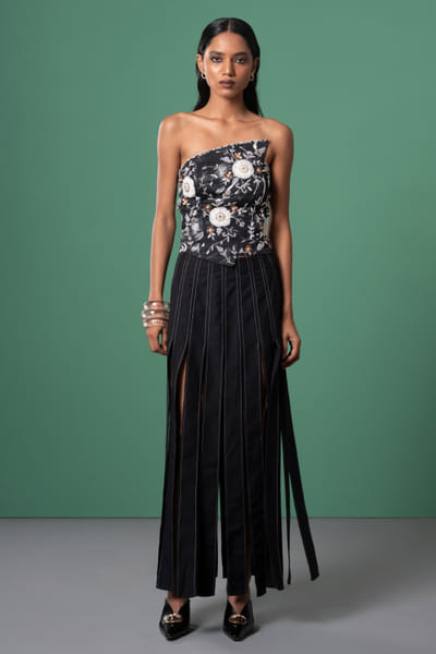 Black floral embroidered strapless top