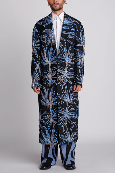 Black floral embroidered trench coat