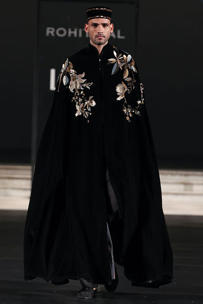 Black floral embroidered velvet cape
