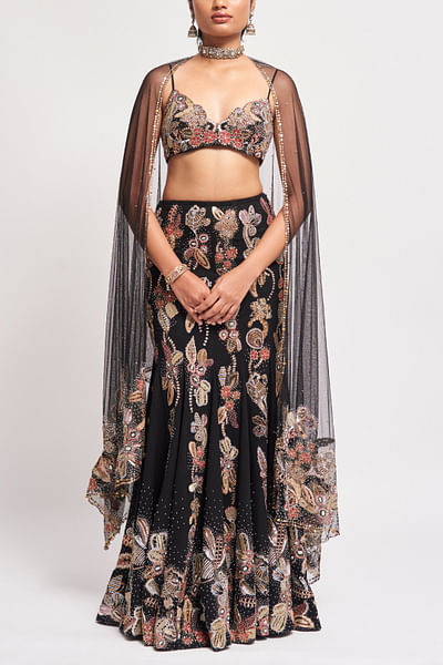 Black floral embroidery fishtail lehenga set