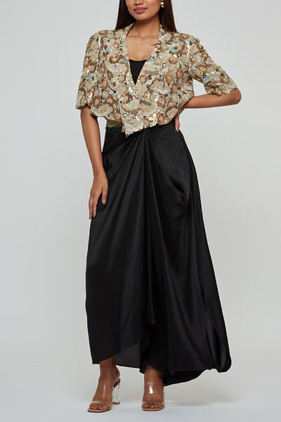 Black floral embroidery jacket and skirt set