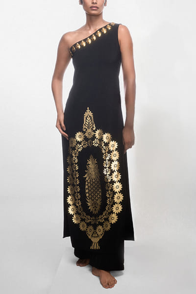 Masaba Black floral foil print embellished kurta set MSBJUN2402