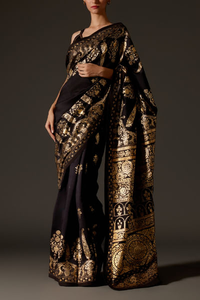 Black floral foil printed sari set