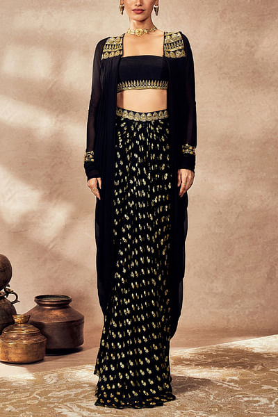 Black floral foil printed skirt and jacket set