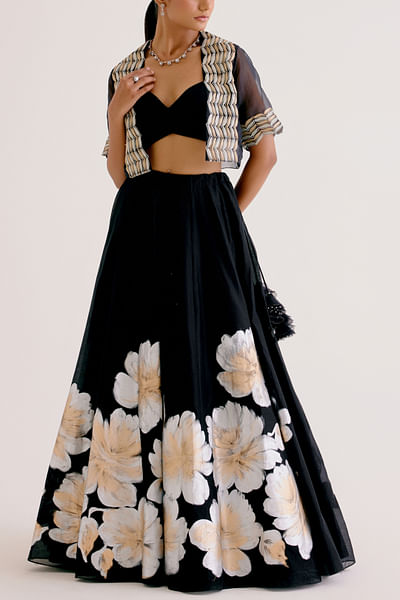 Black floral hand painted lehenga set