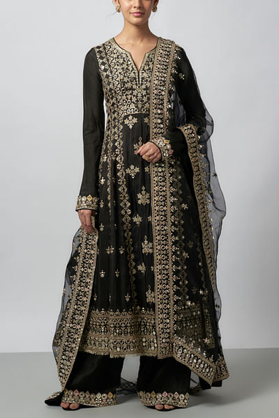 Black floral mirror embroidered anarkali set